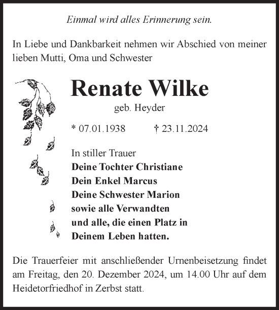 Traueranzeige von Renate Wilke von Volksstimme Zerbst