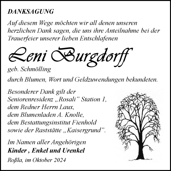 Traueranzeige von Reni Burgdorff von Trauerkombi Sangerhausen