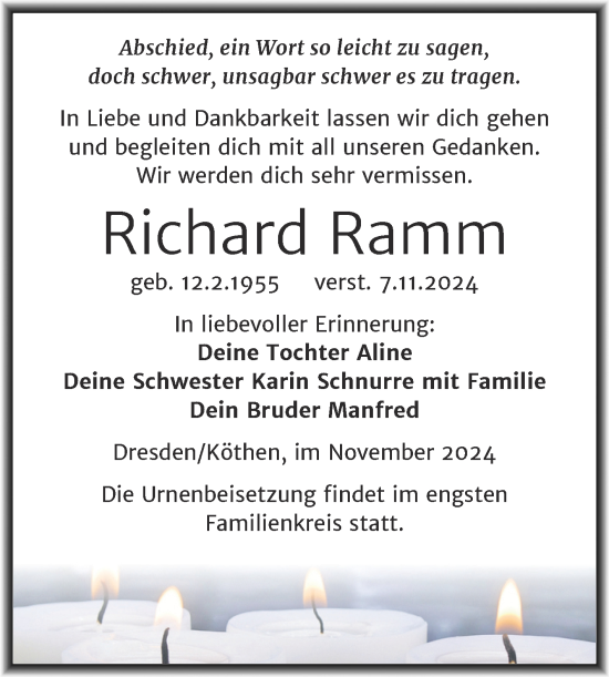 Traueranzeige von Richard Ramm von Trauerkombi Köthen