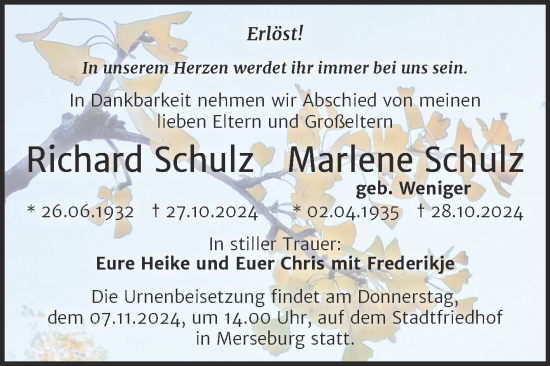 Traueranzeige von Richard Schulz von Trauerkombi Merseburg