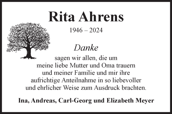 Traueranzeige von Rita Ahrens von Volksstimme Wernigerode