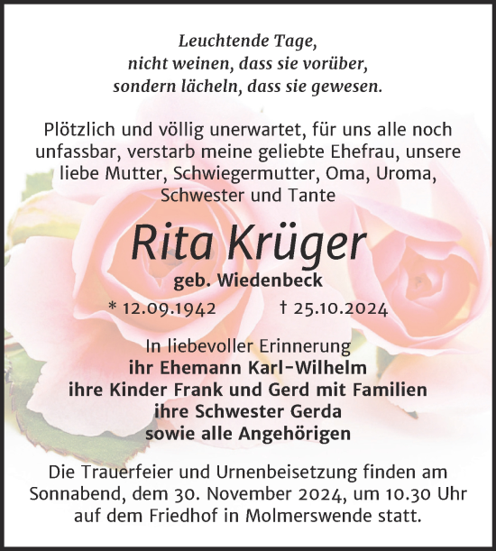Traueranzeige von Rita Krüger von Trauerkombi Mansfelder Land