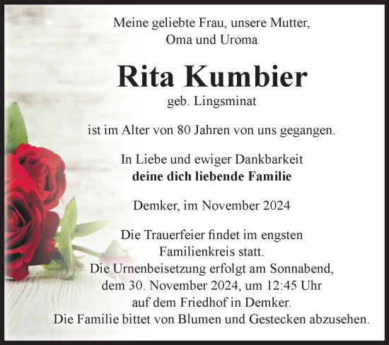 Traueranzeige von Rita Kumbier von Volksstimme Altmark Ost