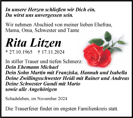 Traueranzeige von Rita Litzen von Trauerkombi Aschersleben