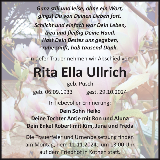Traueranzeige von Rita Ella Ullrich von Trauerkombi Köthen