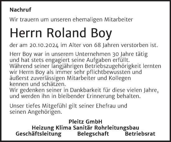 Traueranzeige von Roland Boy von Super Sonntag Naumburg/Nebra