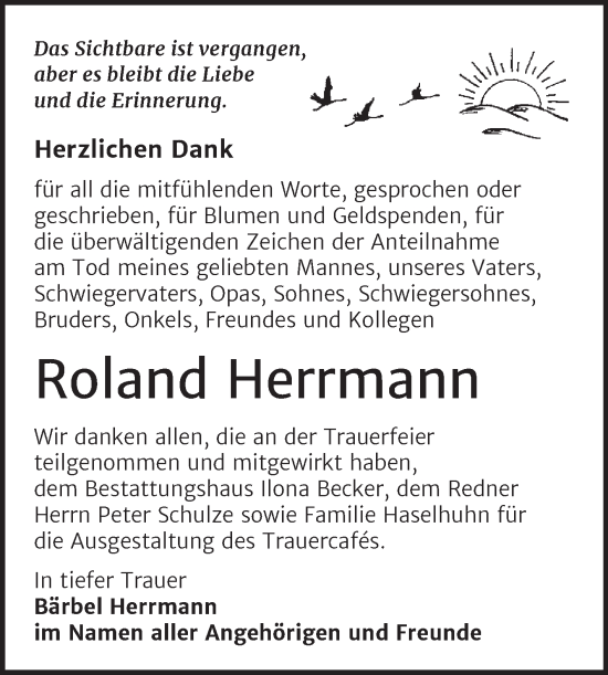 Traueranzeige von Roland Herrmann von Trauerkombi Sangerhausen