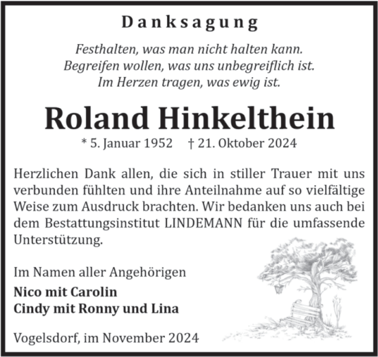 Traueranzeige von Roland Hinkelthein von Volksstimme Halberstadt