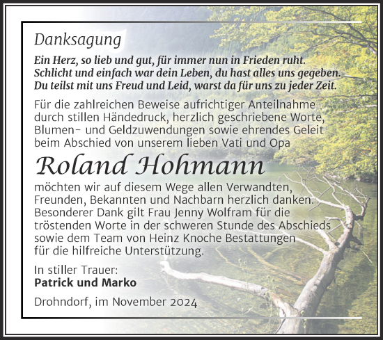 Traueranzeige von Roland Hohmann von Trauerkombi Aschersleben