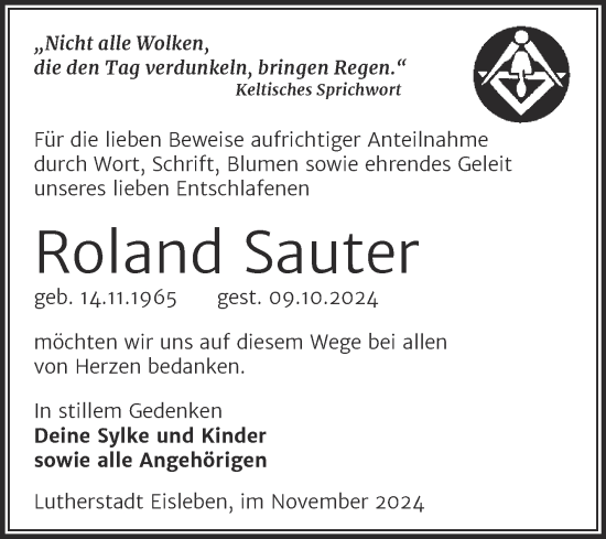 Traueranzeige von Roland Sauter von Trauerkombi Mansfelder Land