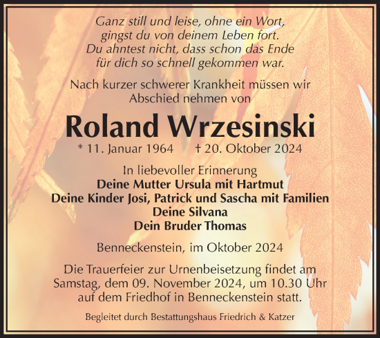 Traueranzeige von Roland Wrzesinski von Volksstimme Wernigerode