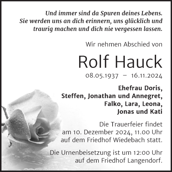 Traueranzeige von Rolf Hauck von Trauerkombi Weißenfels