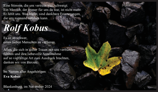 Traueranzeige von Rolf Kobus von Volksstimme Wernigerode