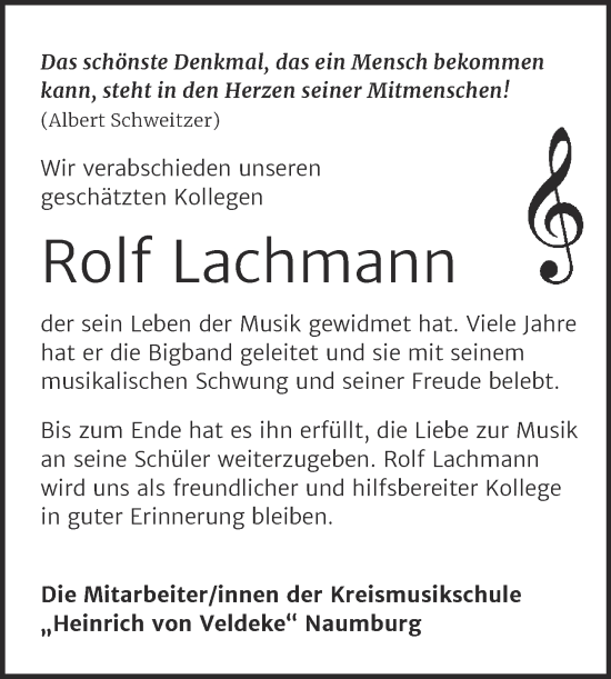 Traueranzeige von Rolf Lachmann von Naumburger Tageblatt