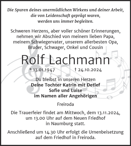 Traueranzeige von Rolf Lachmann von Super Sonntag Naumburg/Nebra
