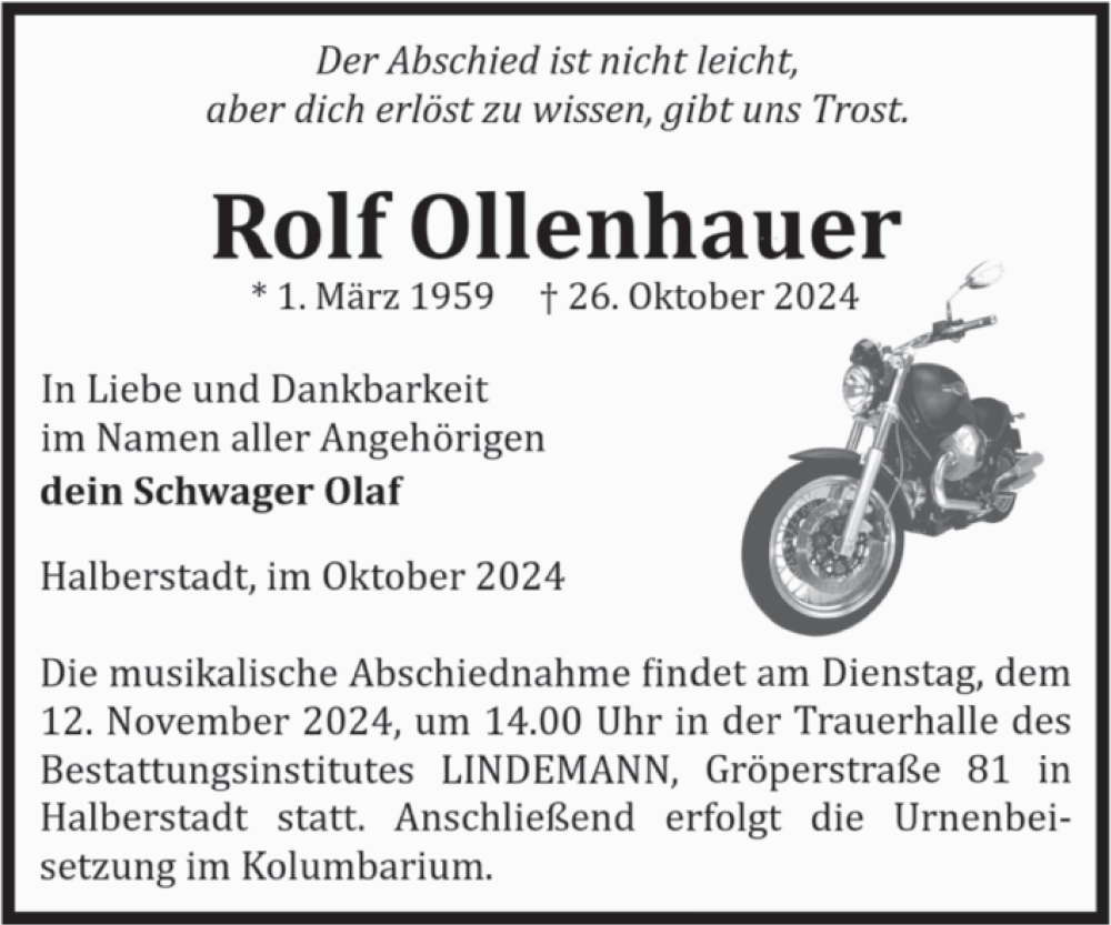  Traueranzeige für Rolf Ollenhauer vom 02.11.2024 aus Volksstimme Halberstadt