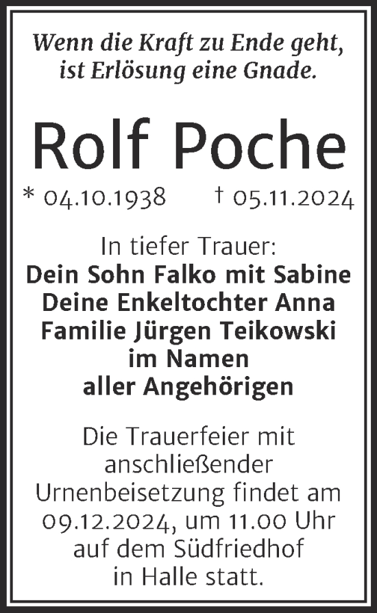 Traueranzeige von Rolf Poche von Mitteldeutsche Zeitung Halle/Saalkreis