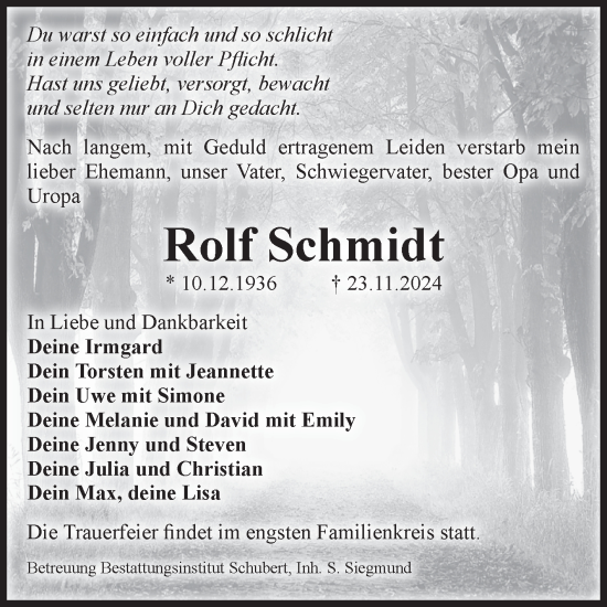 Traueranzeige von Rolf Schmidt von Volksstimme Haldensleben/Wolmirstedt
