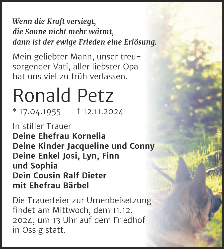 Traueranzeige für Ronald Petz vom 23.11.2024 aus Trauerkombi Zeitz