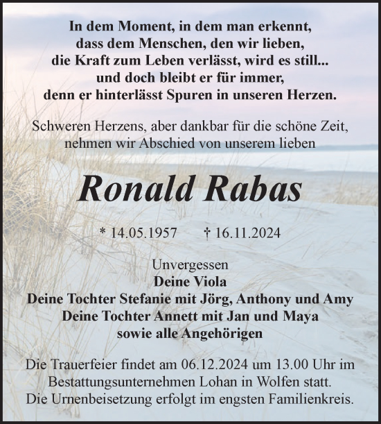 Traueranzeige von Ronald Rabas von Trauerkombi Bitterfeld