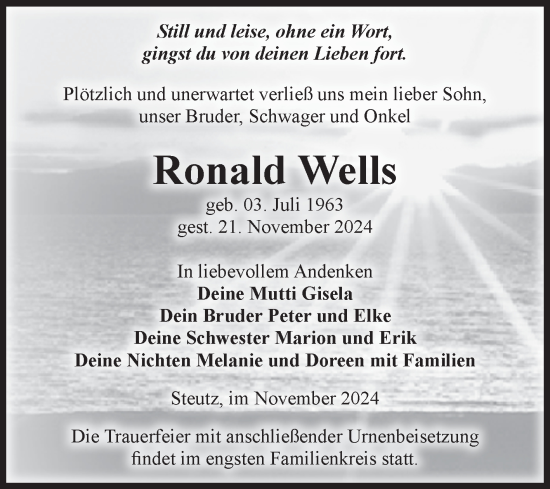 Traueranzeige von Ronald Wells von Volksstimme Zerbst