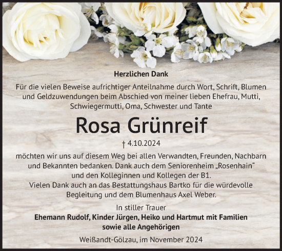 Traueranzeige von Rosa Grünreif von Trauerkombi Köthen