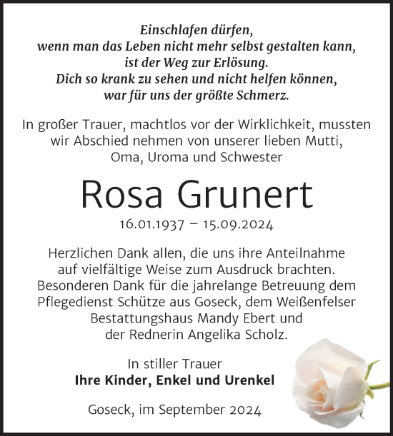 Traueranzeige von Rosa Grunert von Trauerkombi Weißenfels