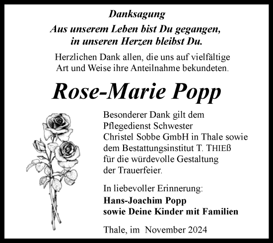 Traueranzeige von Rose-Mane Popp von Trauerkombi Quedlinburg