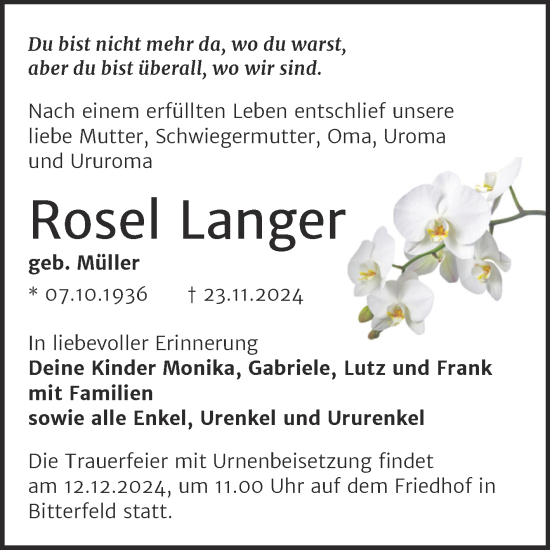 Traueranzeige von Rosel Langer von Trauerkombi Bitterfeld