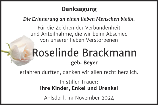 Traueranzeige von Roselinde Brackmann von Trauerkombi Mansfelder Land