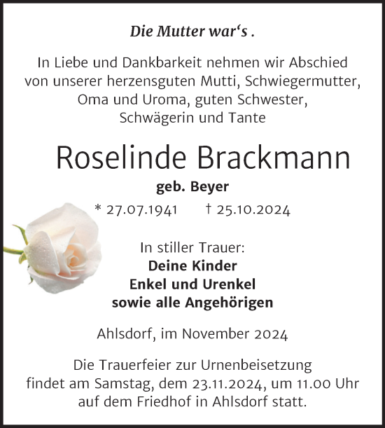 Traueranzeige von Roselinde Brackmann von Trauerkombi Mansfelder Land