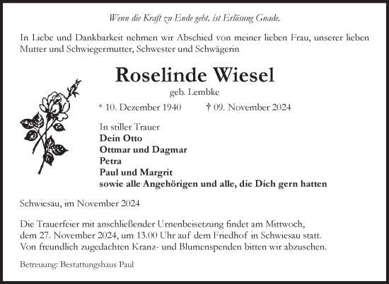 Traueranzeige von Roselinde Wiesel von Volksstimme Altmark West