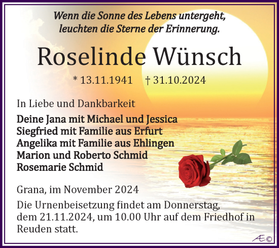 Traueranzeige von Roselinde Wünsch von Trauerkombi Zeitz
