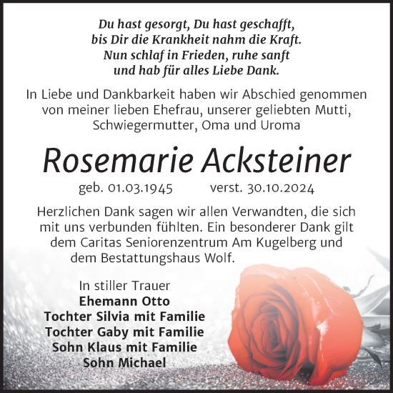 Traueranzeige von Rosemarie Acksteiner von Trauerkombi Weißenfels