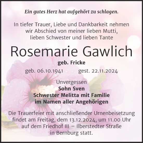 Traueranzeige von Rosemarie Gawlich von Trauerkombi Bernburg