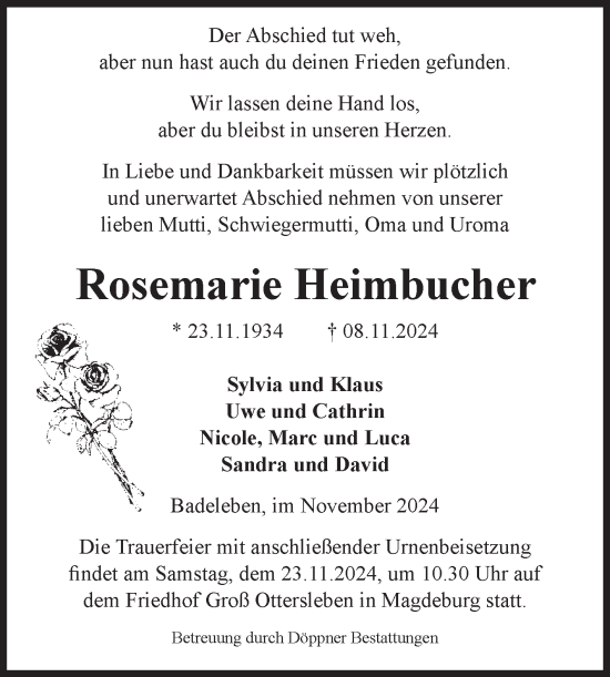 Traueranzeige von Rosemarie Heimbucher von Volksstimme Oschersleben/Wanzleben