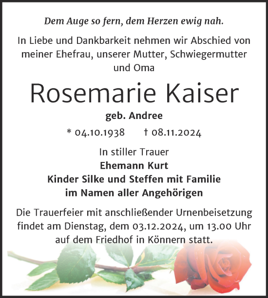 Traueranzeige von Rosemarie Kaiser von Trauerkombi Bernburg