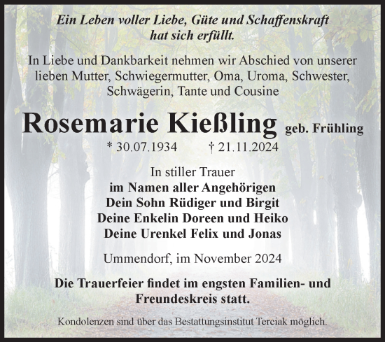 Traueranzeige von Rosemarie Kießling von Volksstimme Oschersleben/Wanzleben