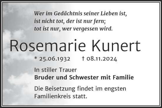 Traueranzeige von Rosemarie Kunert von Mitteldeutsche Zeitung Halle/Saalkreis