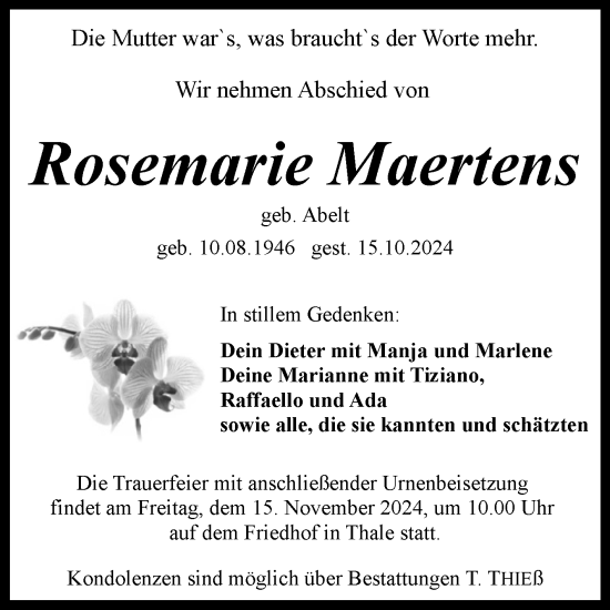 Traueranzeige von Rosemarie Maertens von Trauerkombi Quedlinburg