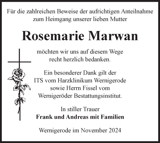 Traueranzeige von Rosemarie Marwan von Volksstimme Wernigerode