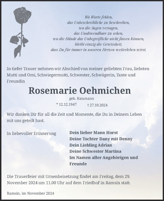 Traueranzeige von Rosemarie Oehmichen von Trauerkombi Bitterfeld