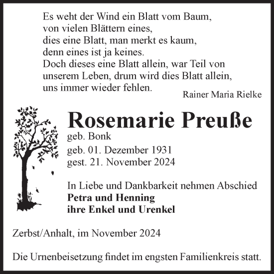 Traueranzeige von Rosemarie Preuße von Volksstimme Zerbst