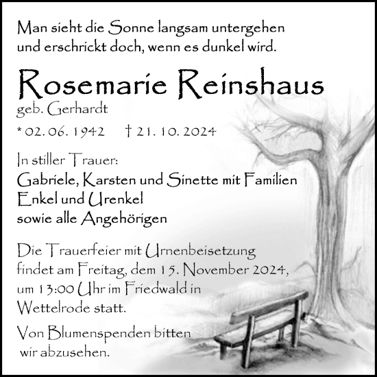 Traueranzeige von Rosemarie Reinshaus von Mitteldeutsche Zeitung Sangerhausen
