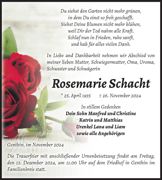 Traueranzeige von Rosemarie Schacht von Volksstimme Burg/Genthin
