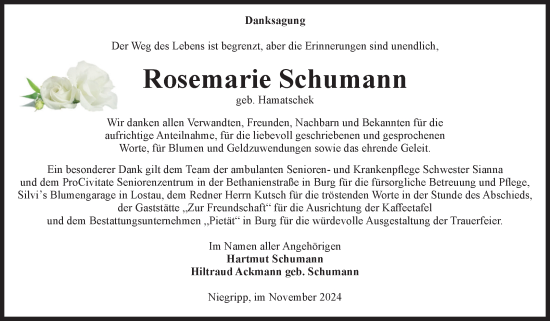 Traueranzeige von Rosemarie Schumann von Volksstimme Burg/Genthin