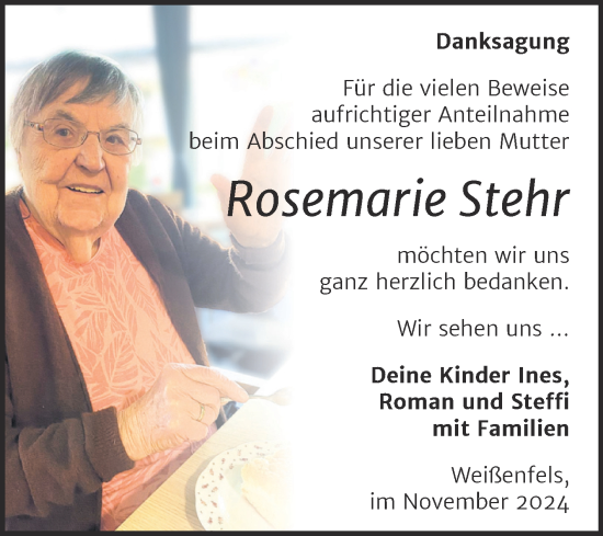 Traueranzeige von Rosemarie Stehr von Trauerkombi Weißenfels