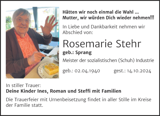 Traueranzeige von Rosemarie Stehr von Trauerkombi Weißenfels