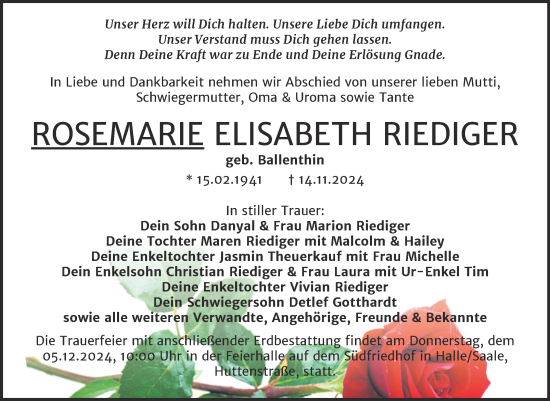 Traueranzeige von Rosemarie Elisabeth Riediger von Mitteldeutsche Zeitung Halle/Saalkreis