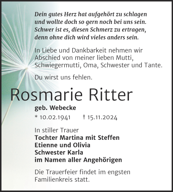 Traueranzeige von Rosmarie Ritter von Mitteldeutsche Zeitung Halle/Saalkreis